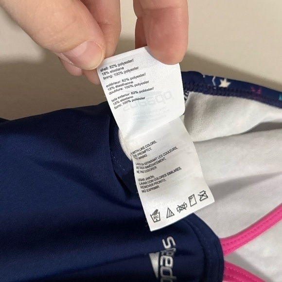 Speedo One Piece Swimsuit Girls Medium Navy Pink Star Adjustable Side Tie - Picture 3 of 5